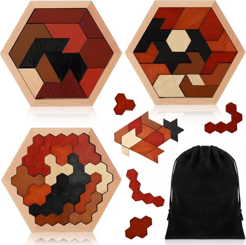 Vista 14 de Yunsailing Paquete de 3 rompecabezas grandes de madera hexagonal Tangram rompecabezas de madera rusa para adultos desafío teasers geométrico, lógica