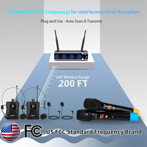 Vista 8 de Sistema de micrófono inalámbrico profesional de 4 canales, auriculares de mano inalámbricos de metal UHF, micrófonos de solapa para cantar karaoke
