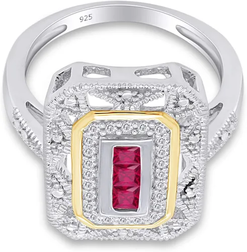 Vista 3 de Anillo Art Deco de plata de ley con detalles de diamante natural blanco y rubí creado