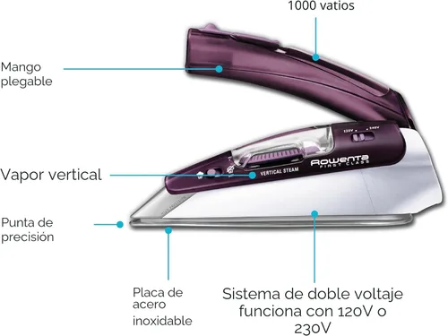 Vista 2 de Rowenta Plancha de Viaje, Plancha Compacta de Acero Inoxidable con Suela de Mano Vaporizadora para Ropa, 200 Orificios Microsteam, 1000 Vatios