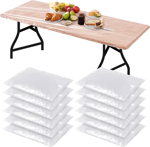 Vista 9 de Boao 12 piezas de manteles de plástico desechables para mesas con borde elástico ajustable, manteles rectangulares impermeables para mesas de Azul