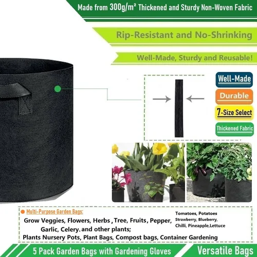 Vista 5 de Paquete de 5 bolsas gruesas de 1 galón para vivero, bolsas de cultivo de plantas (7 x 6 pulgadas), macetas de tela para macetas, bolsa de jardín