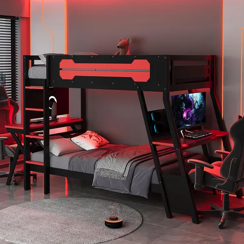 Vista 42 de Cama tipo loft en forma de L tamaño matrimonial e individual con 2 escritorios, tablero de clavijas y cajones de almacenamiento, marco de cama