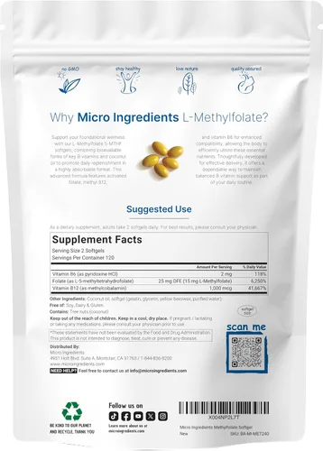 Vista 2 de Micro Ingredients L Metilfolato 15 mg, 240 cápsulas blandas Activo 5-MTHF con B6 y metilo B12 Vitamina B9 metilada con aceite de coco