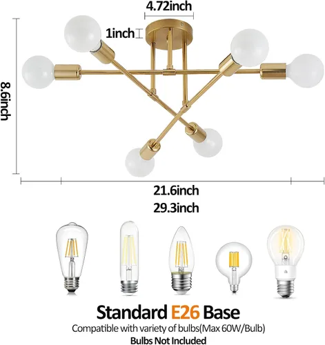 Vista 2 de Lámpara de Techo de Montaje Semiempotrado, Lámpara de Techo Moderna Sputnik de 6 Luces con Base de Bombilla E26, Accesorios de Iluminación de Techo