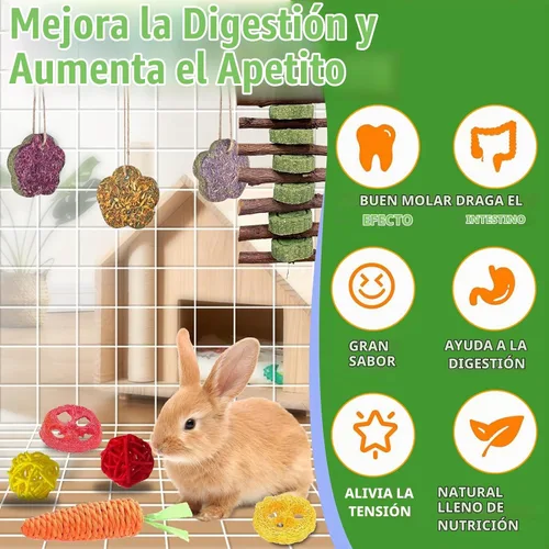 Vista 5 de WDEFUN 21 juguetes masticables de conejo para rechinar dientes, pasteles de heno Timothy naturales para conejito, palitos de madera de manzana