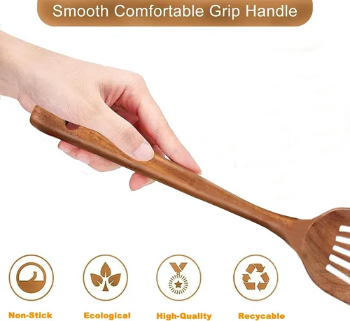 Vista 5 de Juego de 2 espátulas de madera de acacia natural, espátulas ranuradas de madera maciza de mango largo, espátulas planas para freír, espátulas