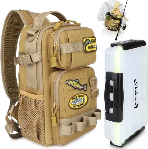 Vista 13 de Dovesun Mochila de pesca pequeña con cajas de aparejos, bolsa de pesca con parches bordados de bricolaje, bolsa de aparejos de regalo para hombres