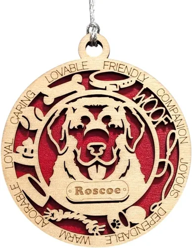 Vista 178 de Adorno de Navidad personalizado para perro Cavalier King Charles Spaniel, redondo de 3 pulgadas, madera cortada con láser de 2 capas, nombre y texto