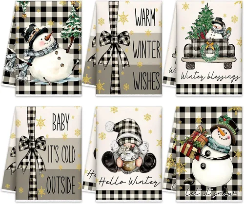Vista 9 de FuWeave Toallas de Cocina Navideñas Beige Paños de Cocina con Árbol Navideño Toallas de Mano Decorativas Hello Winter Absorbentes Pelota de Guantes