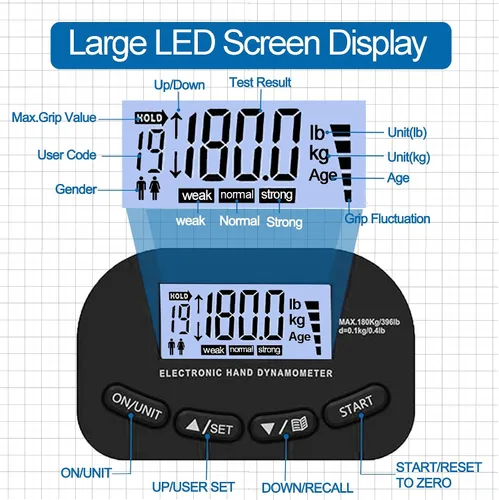 Vista 4 de Entrenador de fuerza de agarre de mano, dinamómetro de agarre de mano de 396 libras/396.8 lbs con pantalla LCD, ideal para deportes, escuela y uso