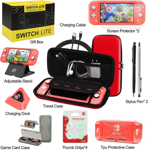 Vista 2 de Switch Lite - Paquete de accesorios, kit con funda de transporte, funda de TPU con protector de pantalla, base de carga, soporte de juego, funda