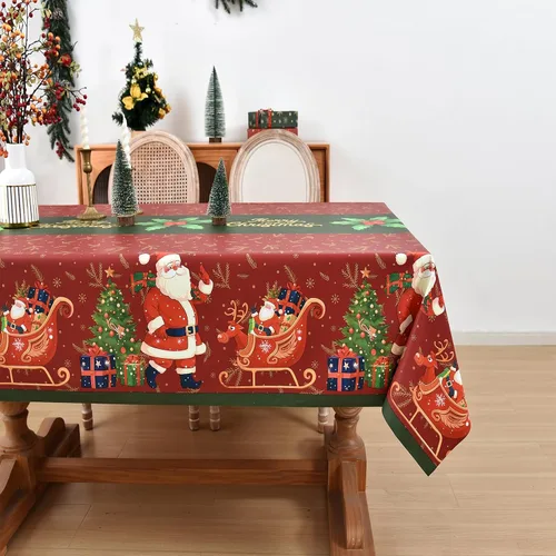 Vista 14 de Mantel de Navidad de vinilo resistente rojo de 54x54 pulgadas, mantel rectangular de Navidad, mantel de PVC reutilizable, impermeable, plegable