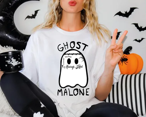 Vista 4 de Camisa de fantasma para mujeres y hombres, camisa de Halloween Malone, camiseta de cara de ghoul, disfraces espeluznantes de Halloween, ropa