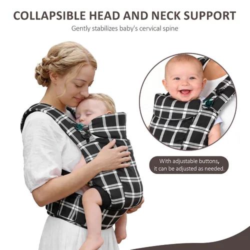 Vista 4 de Fruiteam - Portabebés ergonómico y ajustable, 100% algodón con soporte para la cabeza (cuadros negros y blancos)