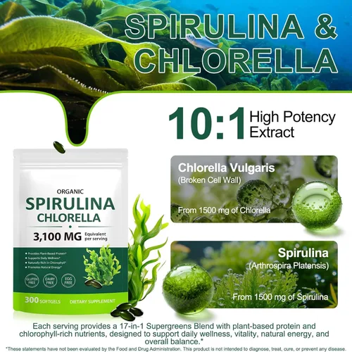 Vista 9 de Cápsulas de Spirulina Chlorella, mezcla de superverdes 17 en 1 rica en proteínas, clorofila, vitaminas, apoya la energía, la salud inmune