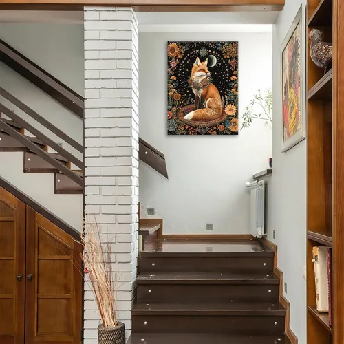 Vista 4 de Lienzo decorativo para pared, diseño de zorro, diseño bohemio de animales para cocina, sala de estar, dormitorio, baño, oficina, zorros, pintura