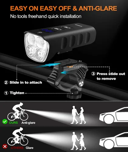 Vista 8 de Front Bike Light or Front Headlight & Back Taillight Set, 2000 Lumens Super Bright Road Mountain Ebike Lights, Rechargeable & 6400mAh Ultra-Long