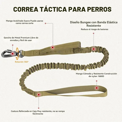 Vista 3 de Juego de collar táctico para perro y correa elástica, collar de nailon ajustable para perro con mango de control y hebilla de metal pesado
