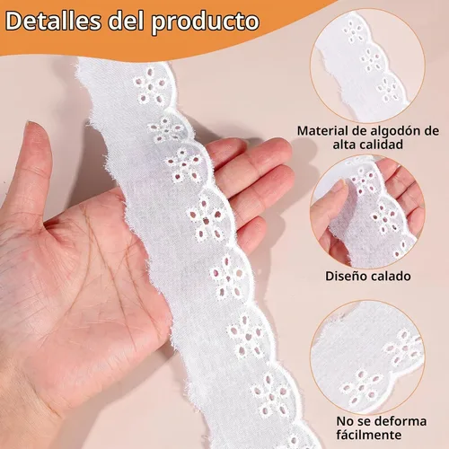 Vista 3 de Cinta de encaje de algodón blanco de 15 yardas, borde ondulado, bordados florales con volantes para coser vestidos, ropa, bolsas, muñecas, ropa