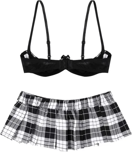 Vista 7 de Yeahdor Conjunto de lencería sexy para mujer estilo colegial 14 copa sin forro con minifalda