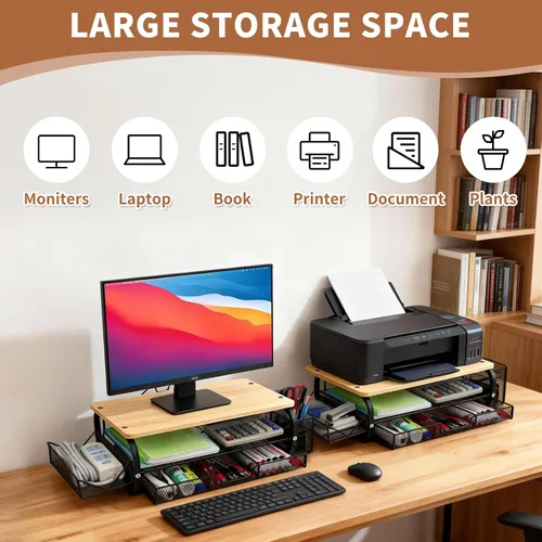 Vista 4 de Organizador de escritorio y accesorios para monitor, soporte para monitor con cajón (cajones de 2 niveles) con estante de almacenamiento lateral
