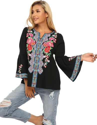 Vista 8 de YZXDORWJ Blusa casual mexicana con volantes y mangas acampanadas para mujer, talla grande, talla XXL