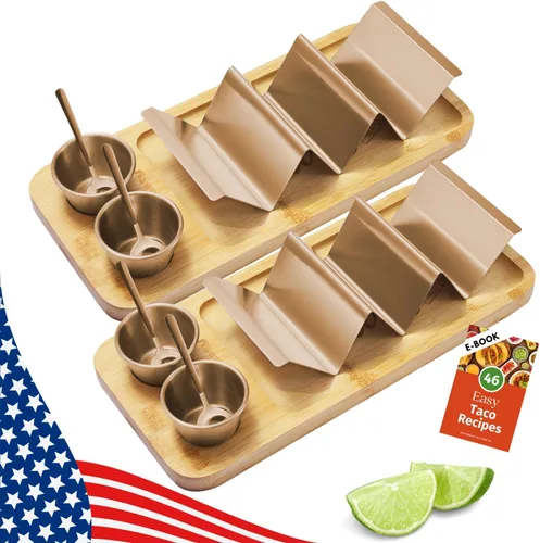 Vista 12 de Kit de Soportes para Tacos, Set 3-en-1 - Soporte para Concha de Taco + Bandeja de Servicio + Taza para Salsa, Plato de Presentación para Tacos