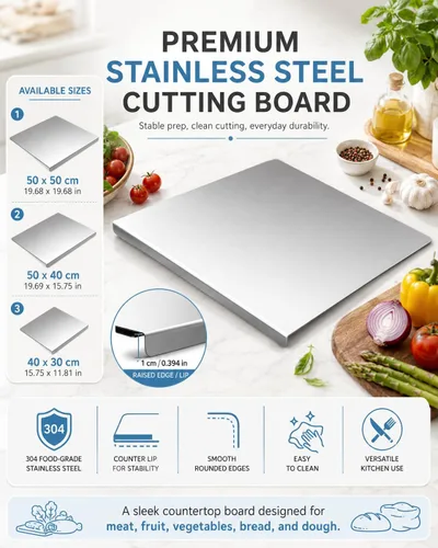 Vista 2 de Tabla de cortar de acero inoxidable con labio, tablas de cortar de acero inoxidable para cocina, tablas de cortar de acero inoxidable 304 con borde