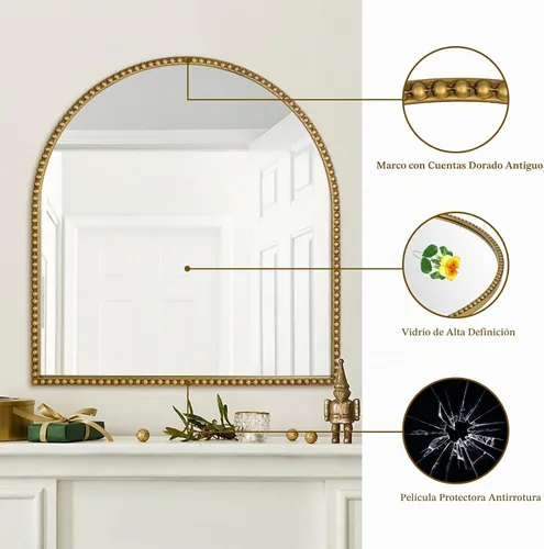 Vista 3 de Espejo de baño arqueado de 33 x 31 pulgadas, espejo de pared dorado antiguo, marco de cuentas de metal, espejo de tocador para tocador, sala de Arco