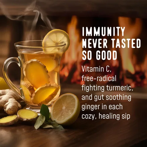 Vista 3 de FlavCity Té de inmunidad en polvo, té de hierbas de jengibre, cúrcuma y limón para apoyo inmunológico, sin OMG y sin azúcar (30 paquetes de barritos)