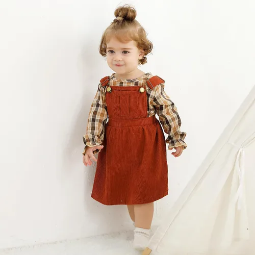 Vista 2 de YOUNGER TREE Conjunto de ropa de manga larga a rayas y tirantes para bebé niña con un bolsillo