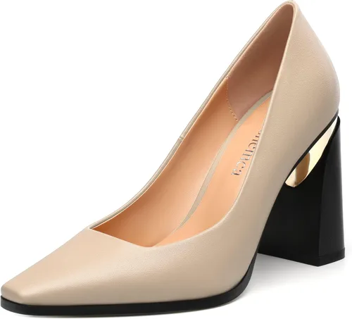 Vista 16 de Tacones altos para mujer, zapatos de vestir de tacón grueso con puntera cuadrada cerrada de patente, tacones elegantes, zapatos de vestir diarios