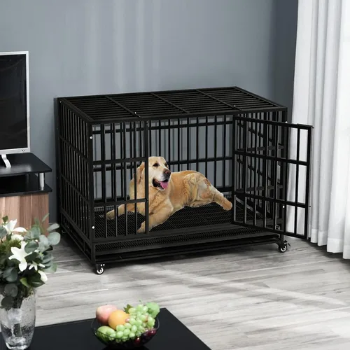 Vista 2 de LEMBERI - Jaula para perro indestructible y resistente de 48/38 pulgadas, a prueba de escapes con ruedas bloqueables, doble puerta para evitar
