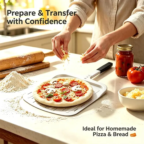 Vista 2 de Pala de pizza de 12 pulgadas, pala grande de aluminio para pizza con mango ergonómico largo y superficie antiadherente perforada, accesorios
