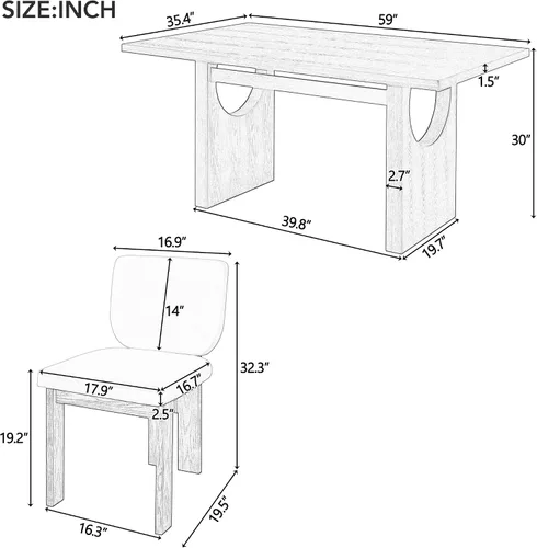 Vista 3 de Merax Juego de comedor retro de 7 piezas para 6, mesa rectangular de madera de goma con base de caballete diseñada y 6 sillas tapizadas para comedor