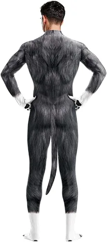 Vista 39 de Disfraz de animal para hombre con estampado de cola grande, overol peludo de elastano para cosplay, fiesta de Halloween