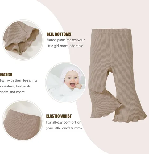Vista 4 de SOBOWO Pantalones acampanados para bebé, paquete de 3 unidades para niña pequeña, color liso, acanalado, con volantes, pantalones acampanados