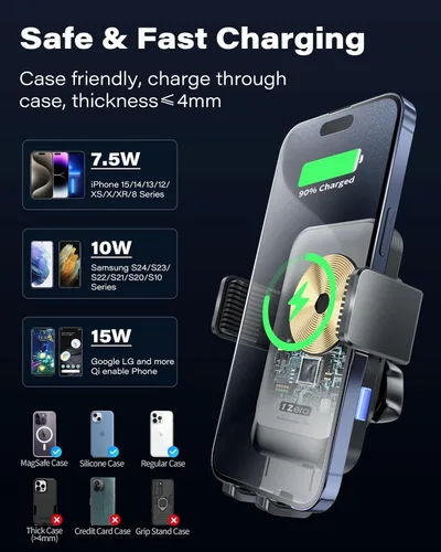 Vista 7 de 1Zero Cargador inalámbrico de auto con sujeción automática, soporte de teléfono resistente de 15 W, carga rápida para iPhone 16 15 Pro Max Plus 14