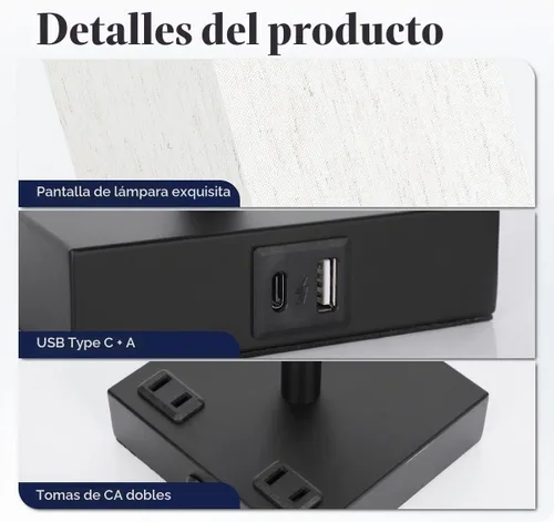 Vista 6 de Lámpara de mesa para dormitorio, lámpara táctil pequeña con puertos de carga USB C+A y salidas de CA, lámpara de mesita de noche regulable de 3 vías