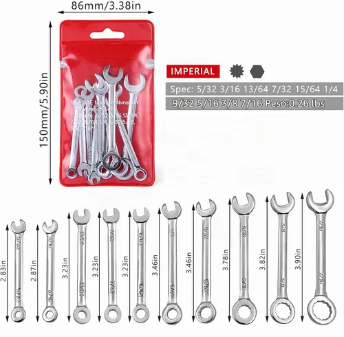 Vista 4 de Juego de mini llaves de extremo abierto, juego de llaves de encendido con anillo de cadena tipo británico llaves (10pcs) Llave de extremo abierto