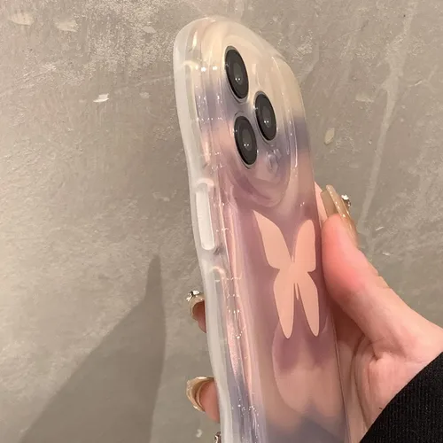 Vista 3 de Funda para teléfono 3D con gradiente rosa transparente de Corea con soporte de mariposa para iPhone 12 Pro Max