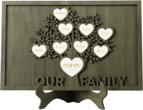 Vista 17 de Árbol genealógico con etiqueta de corazón, placas de madera grabadas personalizadas, regalos personalizados para madres, padres, escritorio, nombres
