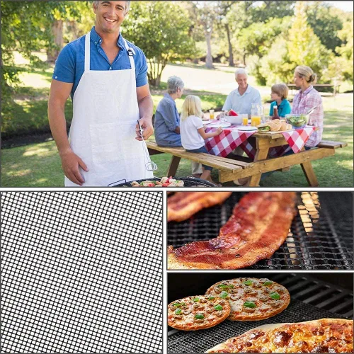 Vista 4 de AOOCAN Juego de 4 alfombrillas de malla antiadherentes para barbacoa al aire libre, resistentes, reutilizables, fáciles de limpiar, funciona en gas