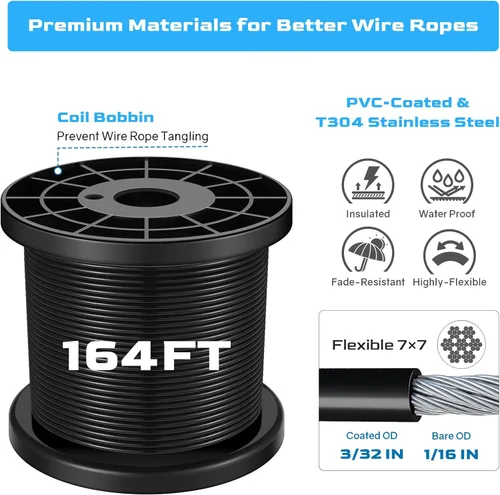 Vista 3 de Kit de colgar luces de cadena NEREUS con cable de acero inoxidable 304 recubierto de vinilo de 164 pies, kit de suspensión de luces de cadena