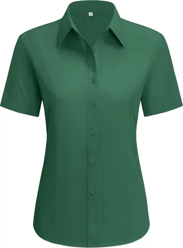 Vista 12 de siliteelon Camisas de vestir para mujer, de manga corta, de algodón, camisa con botones abajo, camisa básica con botones arriba, camisas con cuello