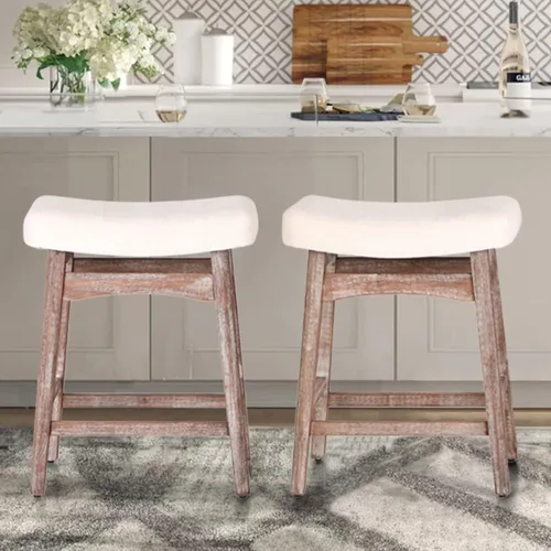 Vista 10 de ALPHA HOME Taburete de bar, taburete de cocina de silla de montar de madera maciza con cojín de tela de lino beige, taburete de bar de altura