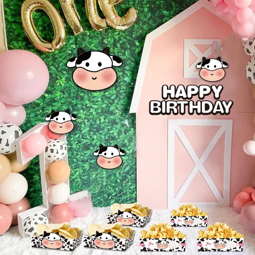 Vista 2 de Bandejas de papel desechables con estampado de vaca, 24 unidades, diseño de vaca sagrada, Im One, decoraciones de cumpleaños, bandejas de nachos