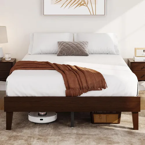 Vista 11 de Yaheetech Base de cama matrimonial con plataforma de madera maciza natural con soporte de listones de madera, espacio debajo de la cama de 12 Madera