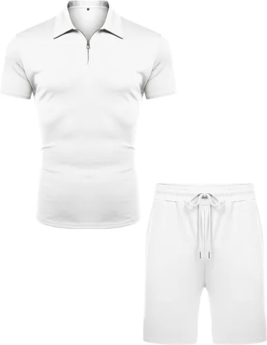 Vista 2 de URRU Conjunto de camisa polo y pantalones cortos de manga corta para hombre, conjunto de dos piezas de verano con cremallera, conjunto deportivo